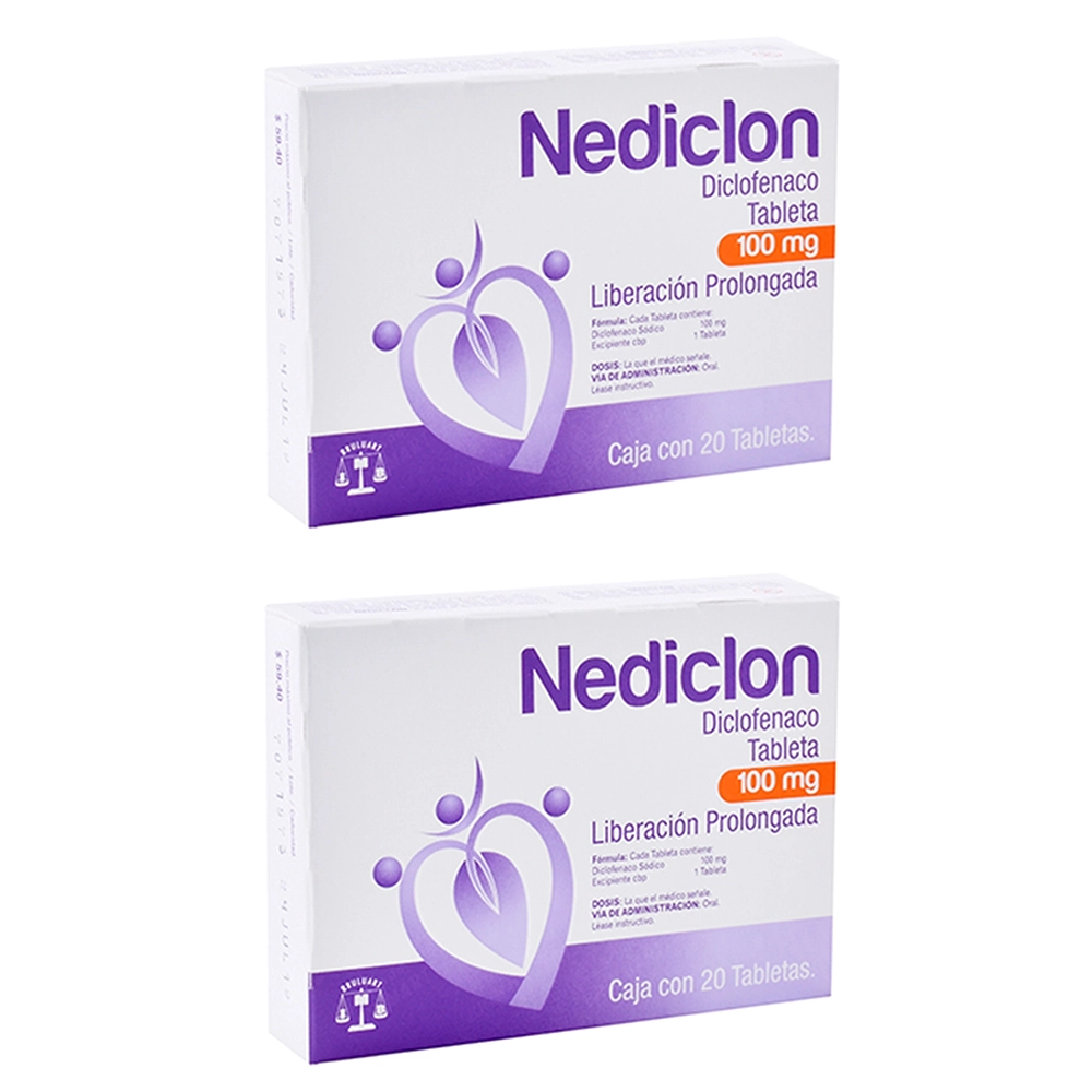 637902600054 1 nediclon 100 mg dos cajas con 20 tabs c/u diclofenaco 100 mg tableta liberación prolongada 40 tableta(s)